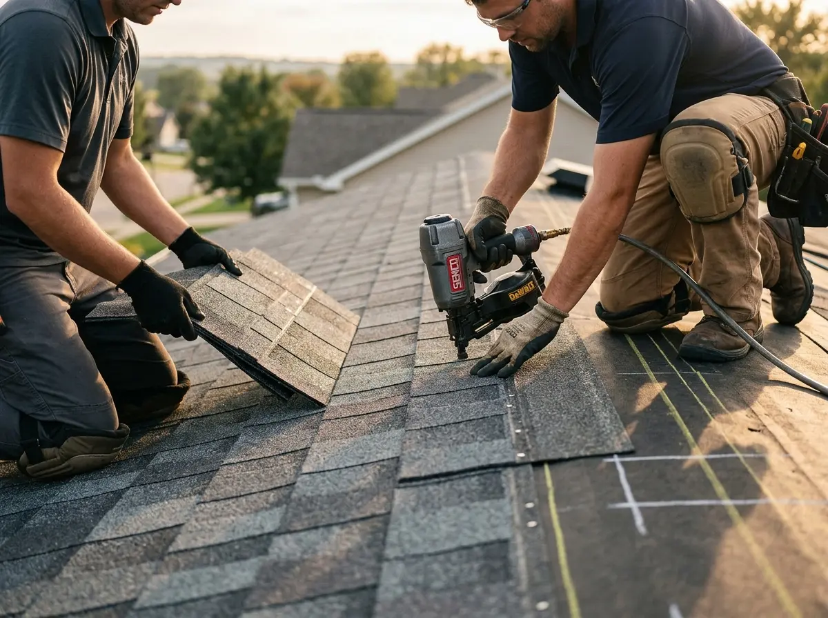 Professional roofer working on a residential roof in Morehead City